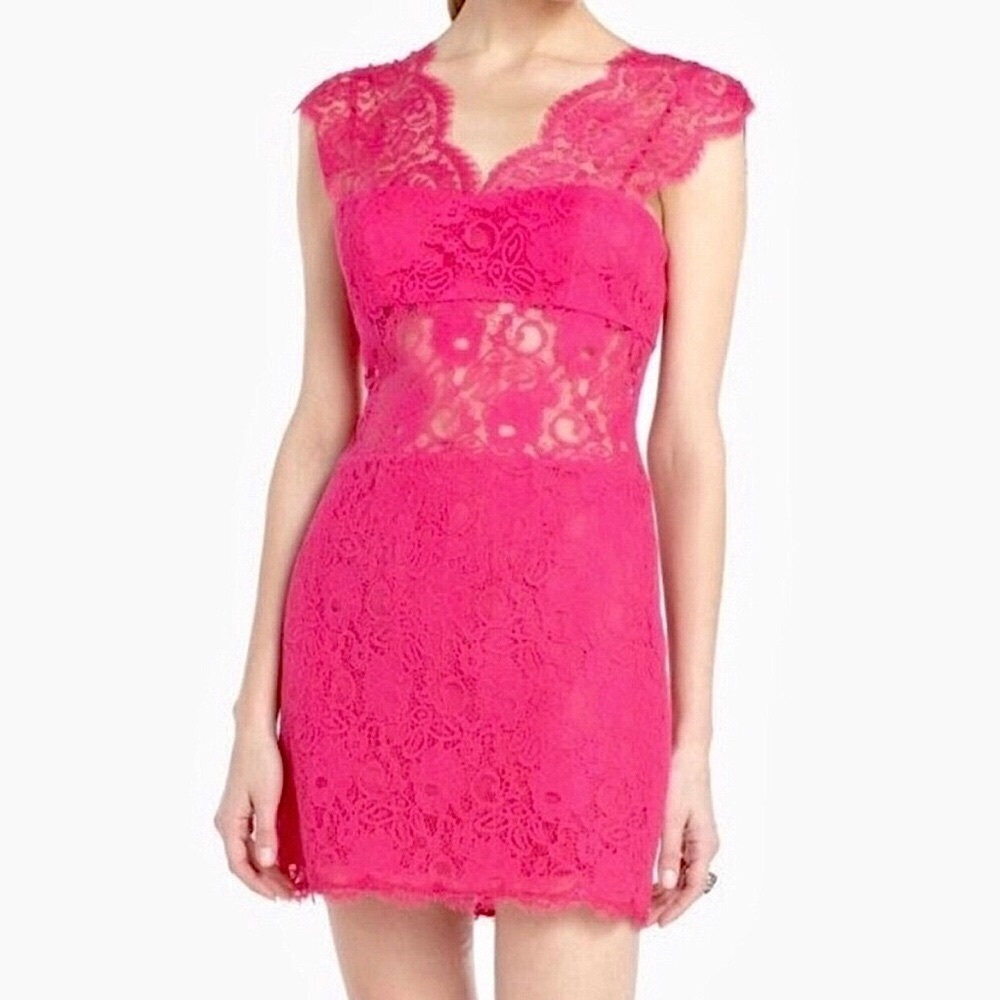BCBG Fuchsia Pink Mini Dress with V Neckline and Lace
